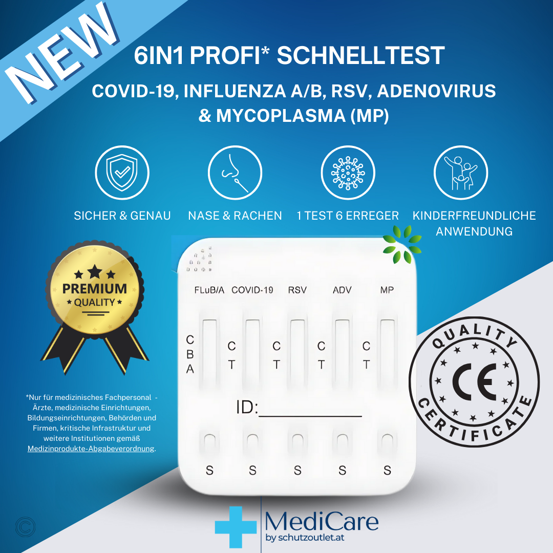 Deepblue 6in1  Profi Antigen Combo Test für COVID-19 (Corona), Grippe A/B, RSV, Adenovirus & Mycoplasma (MP)+ Gratis NANOVIO FFP2