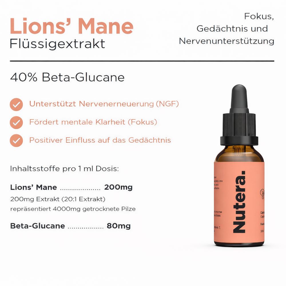 Nutera | Löwenmähne Flüssigextrakt 20:1 mit 40 % Beta-Glucane – 30 ml
