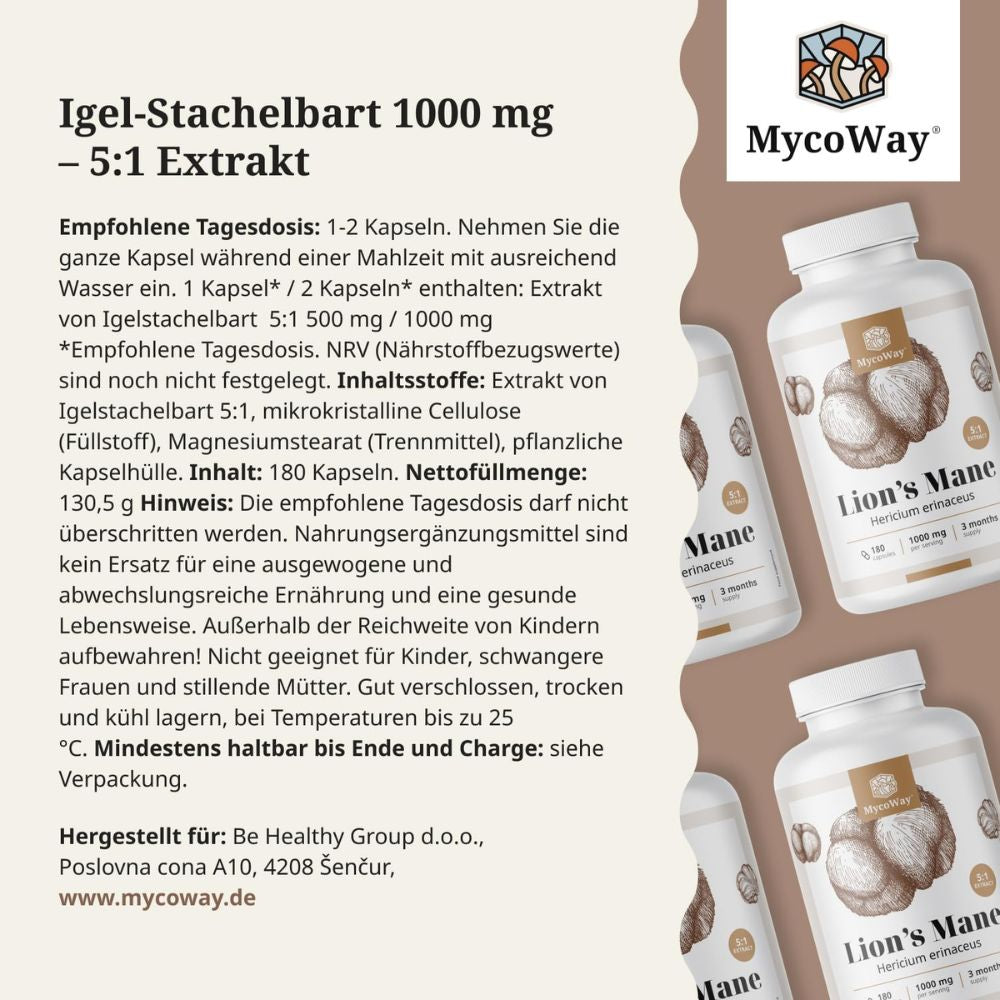 MycoWay | Lion's Mane 1000 mg – Extrakt 5:1 - 180 Kapseln