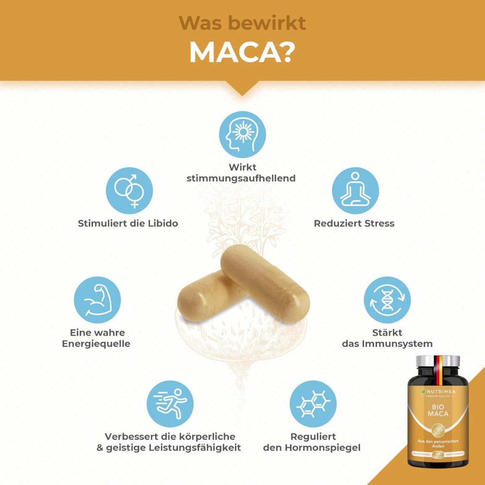 Nutrimea | Bio Maca Hochdosiert 1500 mg Maca-Wurzel-Extrakt aus den peruanischen Anden – 60 Kapseln