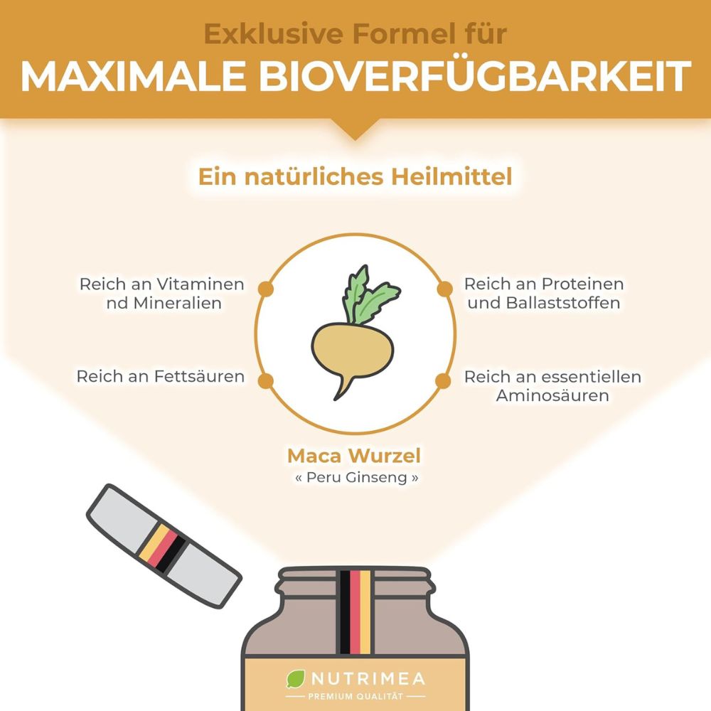 Nutrimea | Bio Maca Hochdosiert 1500 mg Maca-Wurzel-Extrakt aus den peruanischen Anden – 60 Kapseln