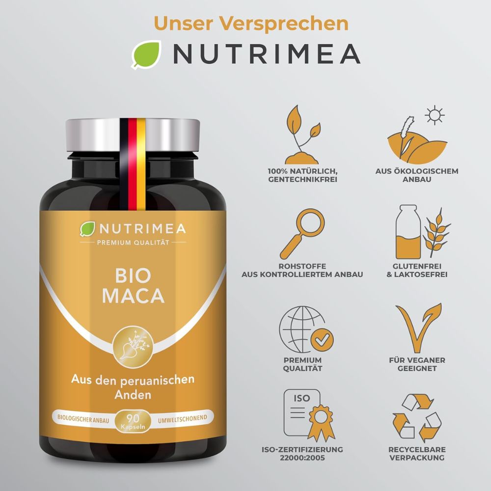 Nutrimea | Bio Maca Hochdosiert 1500 mg Maca-Wurzel-Extrakt aus den peruanischen Anden – 60 Kapseln