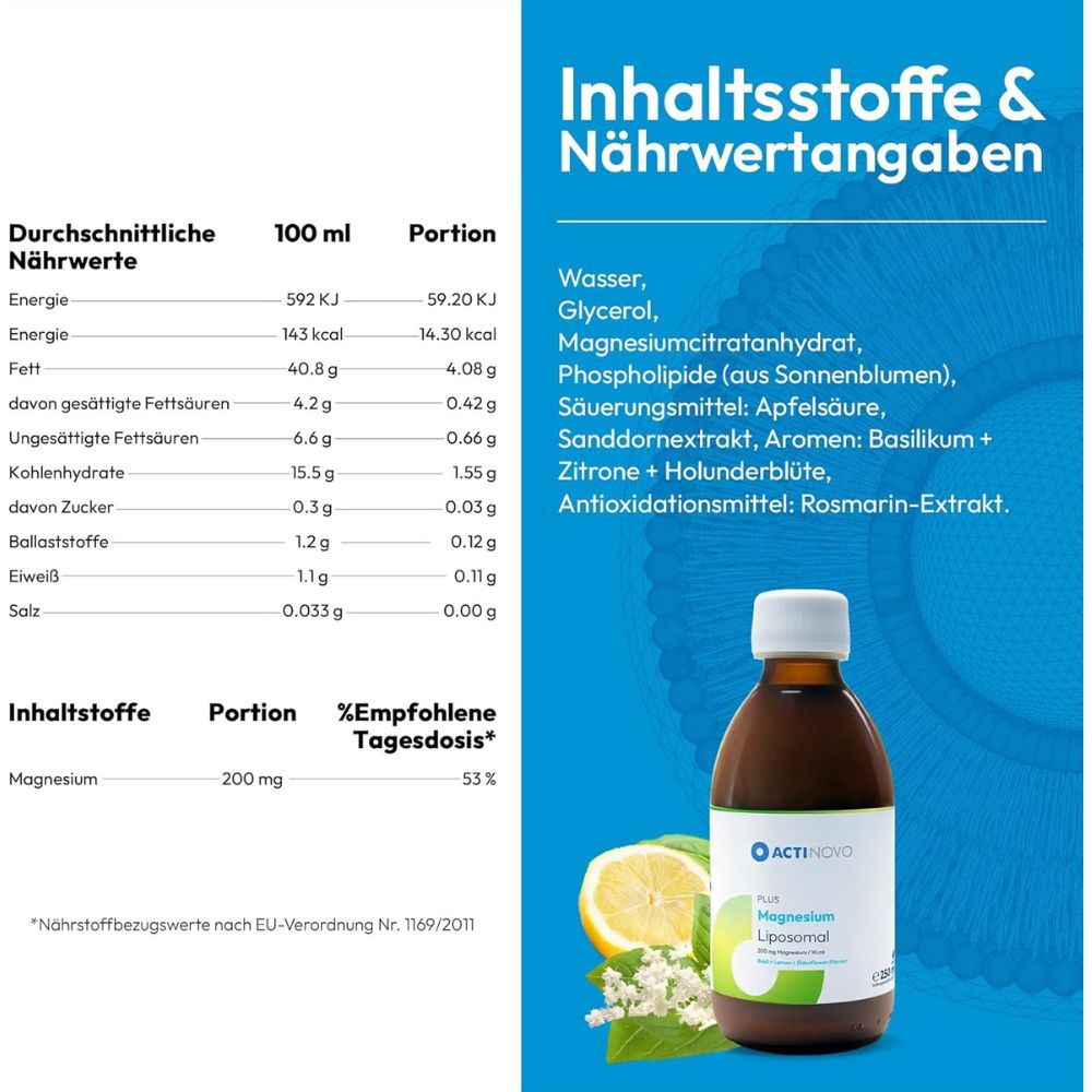 ActiNovo | Magnesium Liposomal mit Zitrone-, Basilikum-, Holundergeschmack - 250ml