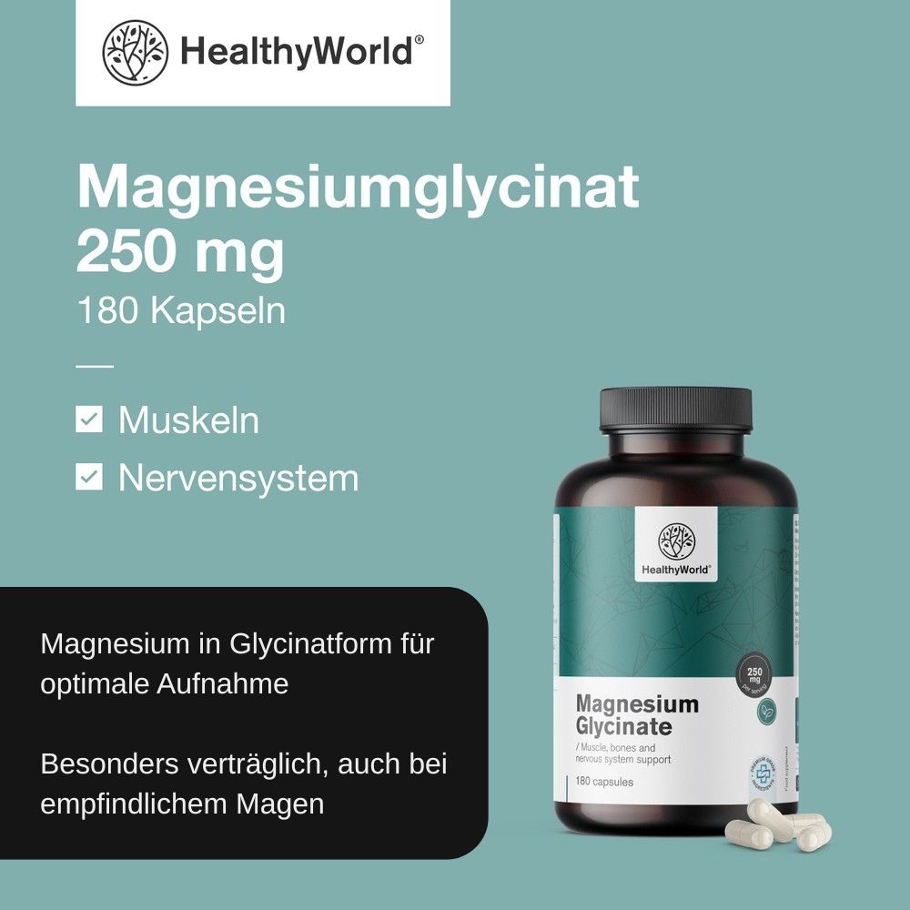 HealthyWorld | Magnesiumglycinat 250 mg - 180 Kapseln