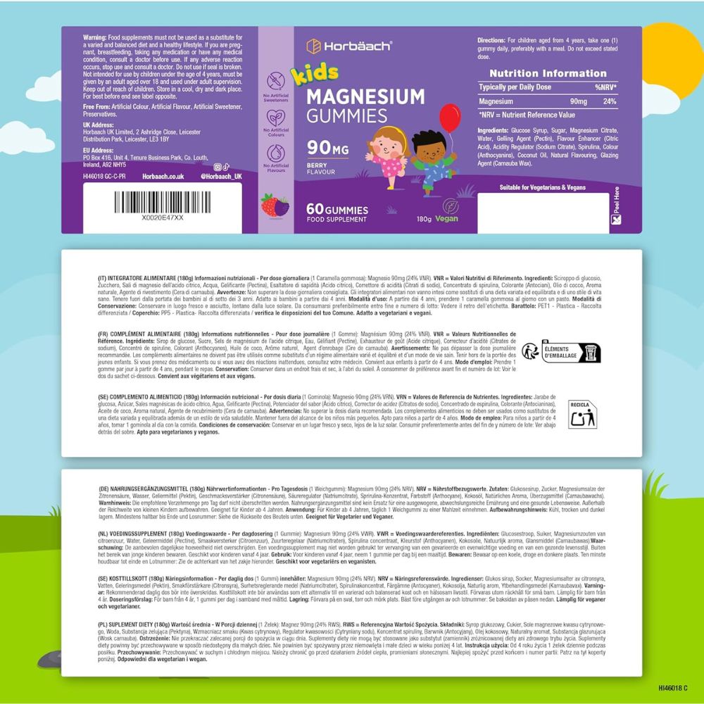 Horbaach | Magnesium 90mg Gummibärchen für Kinder - 60 Stück