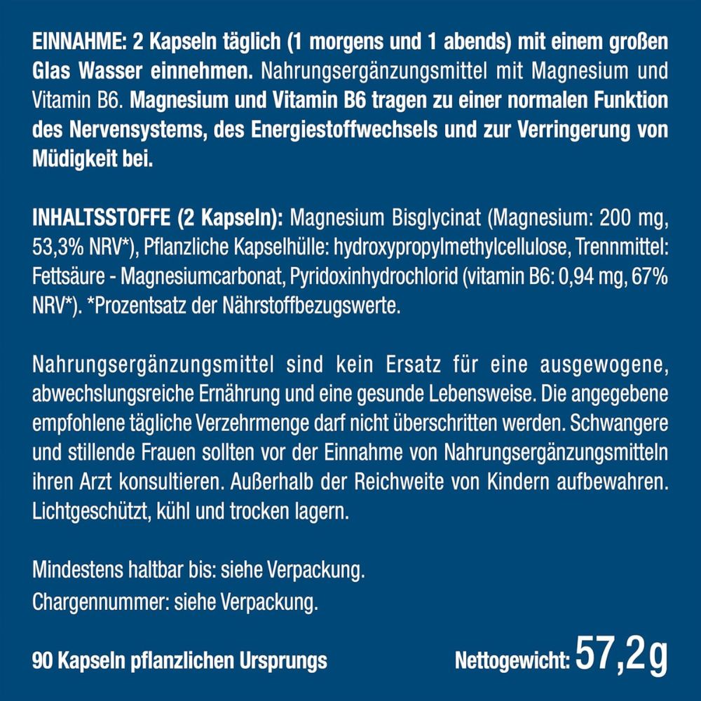 Nutrimea | Magnesium Glycinat + Vitamin B6 - Optimale Bioverfügbarkeit - 1,5 Monatsvorrat
