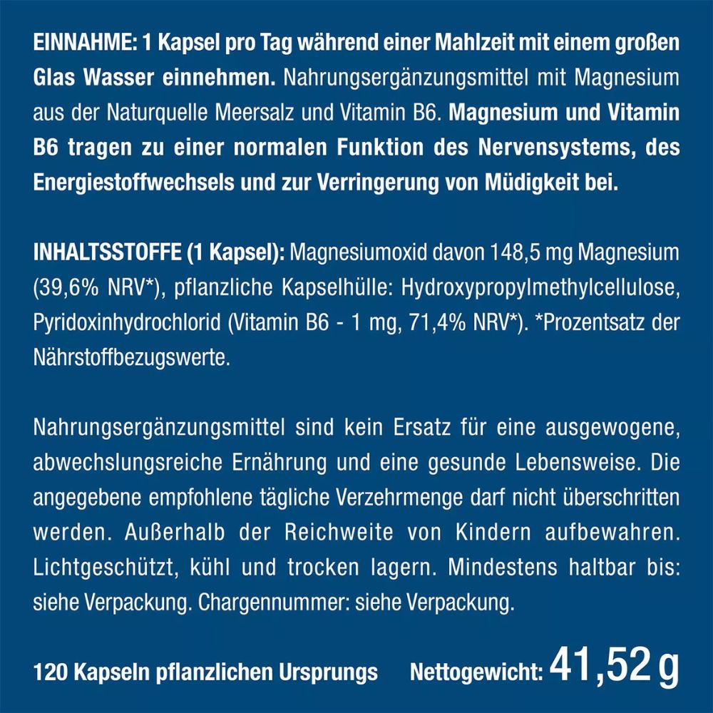 Nutrimea | Marines Magnesium + Vitamin B6 – 148 mg Meeresmagnesiumoxid – 120 Kapseln