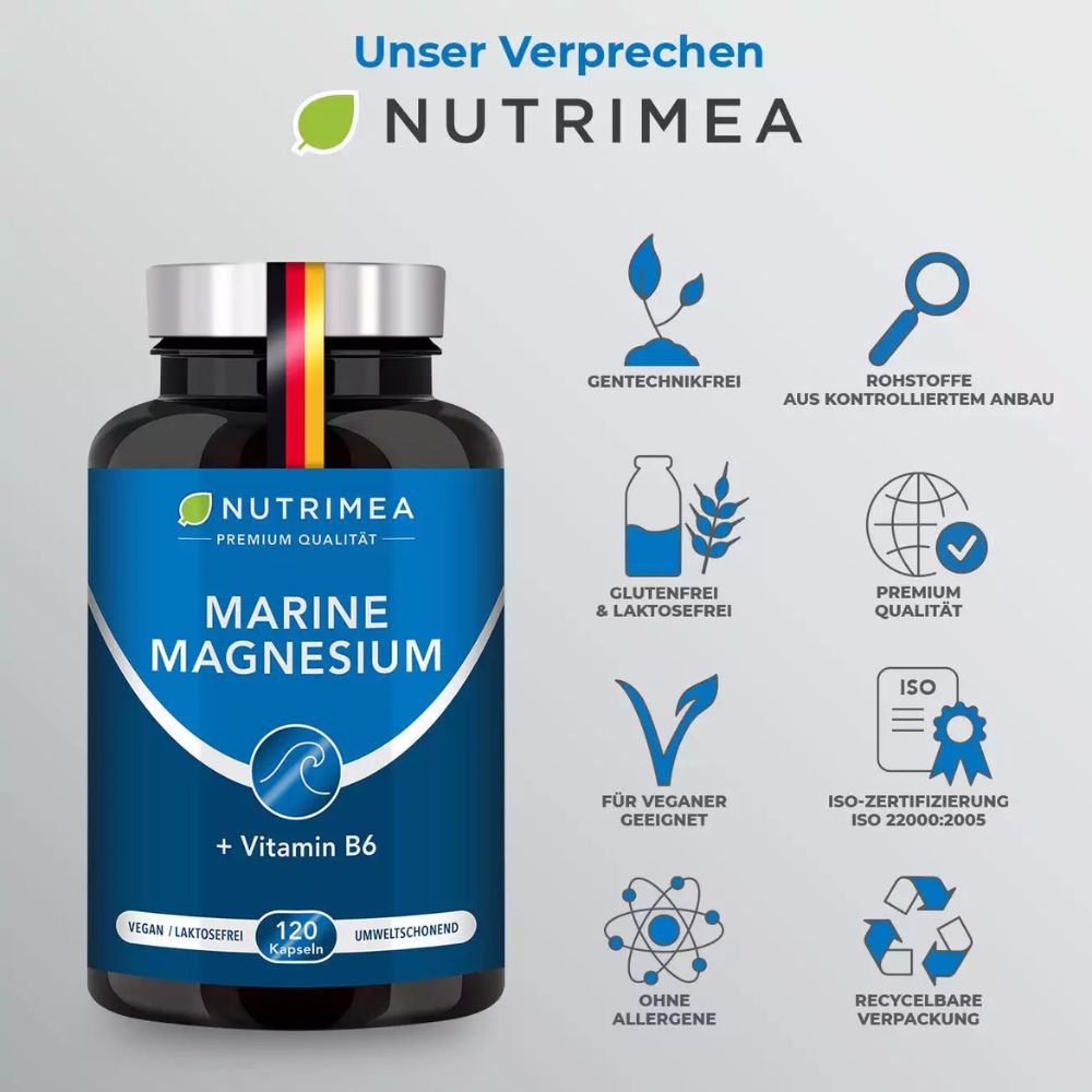Nutrimea | Marines Magnesium + Vitamin B6 – 148 mg Meeresmagnesiumoxid – 120 Kapseln