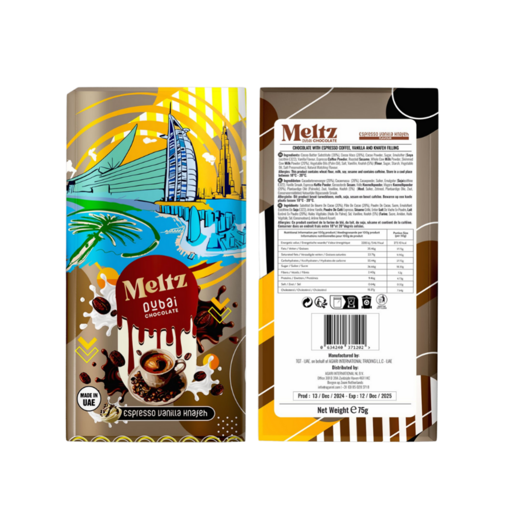 Meltz Dubai Schokolade – Espresso, Vanille & Knafeh-Füllung (75 g)
