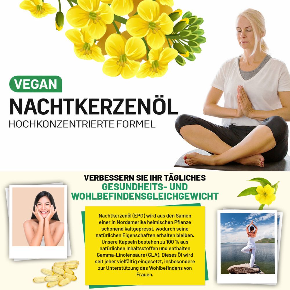 Prowise Healthcare | Veganes Nachtkerzenöl 2000mg mit Vitamin E & B6 – 60 Weichkapseln