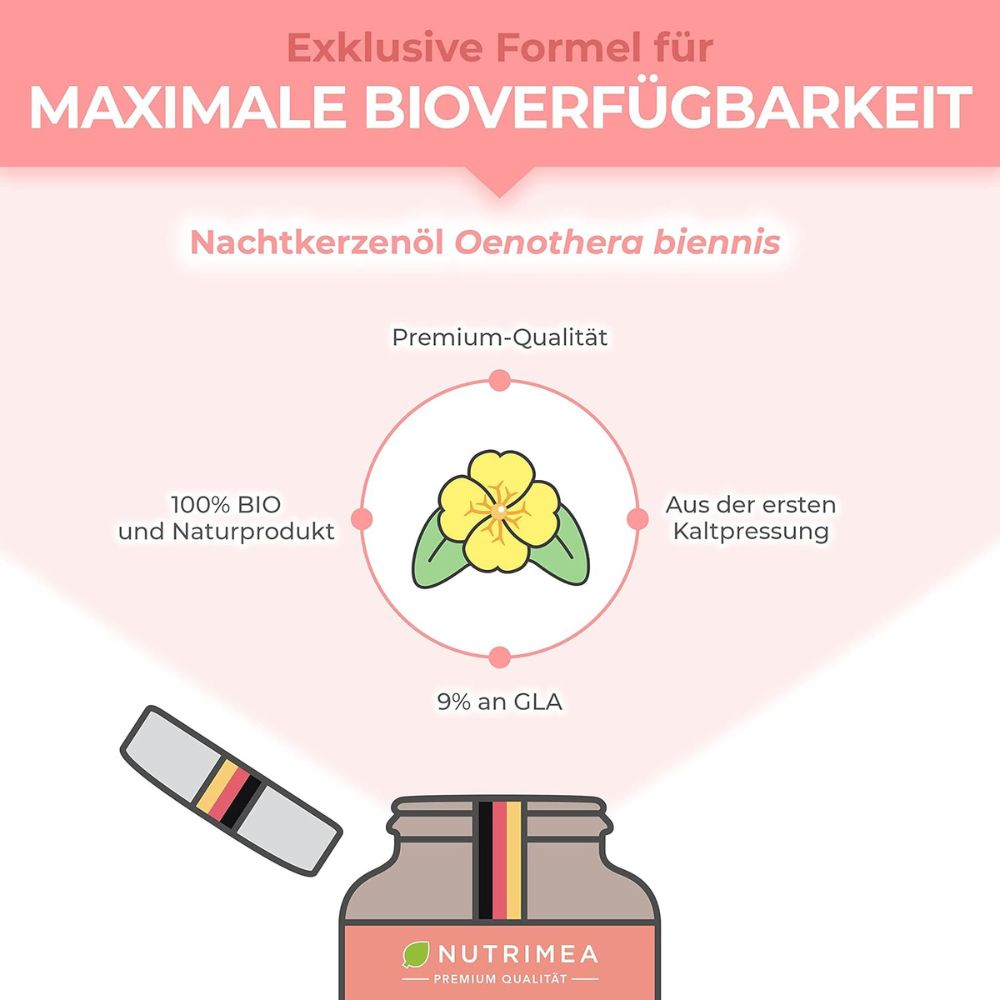 Nutrimea | BIO Nachtkerzenöl 3000 mg – 9 % Gamma-Linolensäure – 60 Kapseln