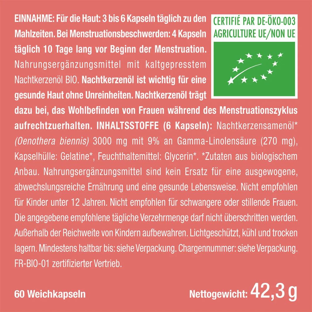 Nutrimea | BIO Nachtkerzenöl 3000 mg – 9 % Gamma-Linolensäure – 60 Kapseln