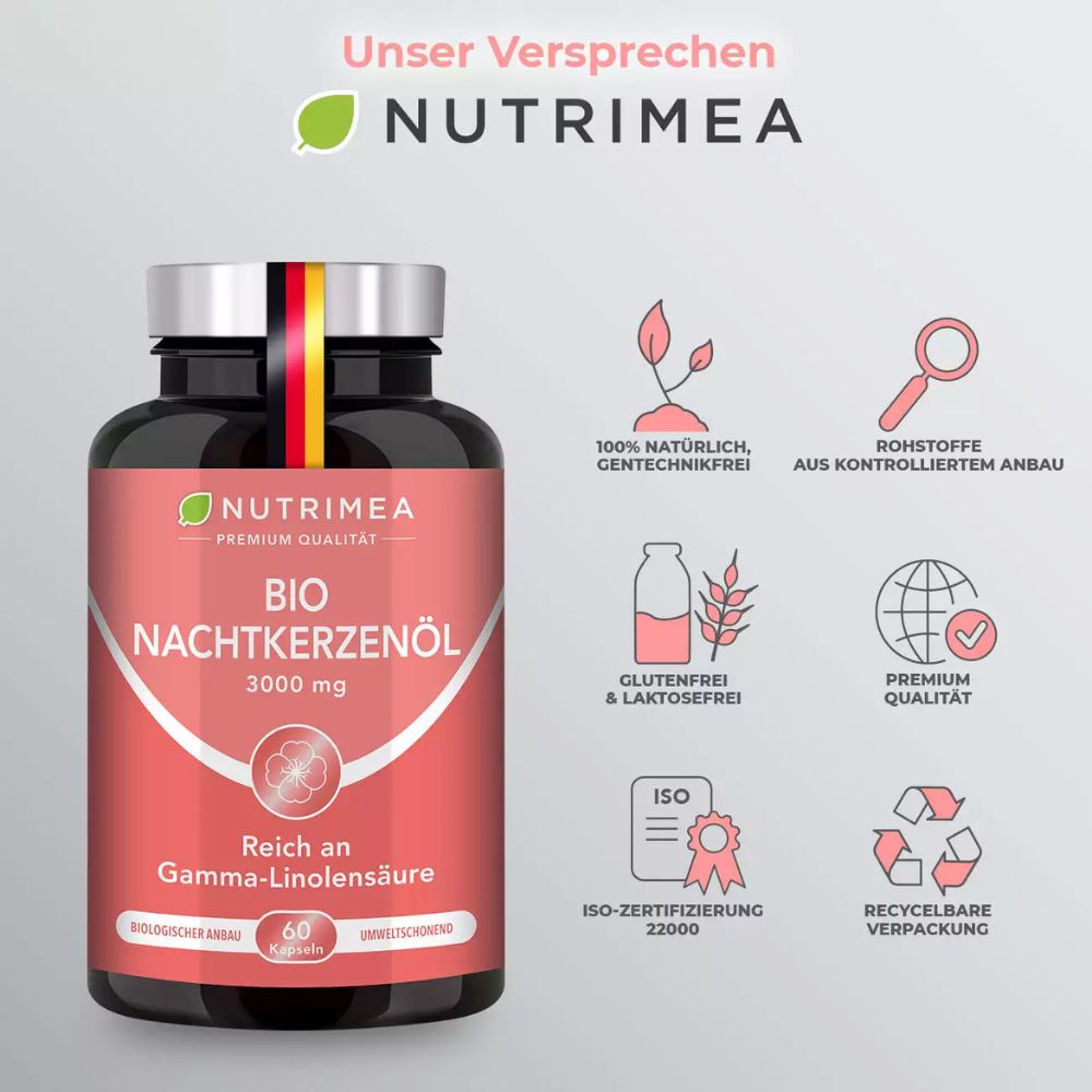 Nutrimea | BIO Nachtkerzenöl 3000 mg – 9 % Gamma-Linolensäure – 60 Kapseln