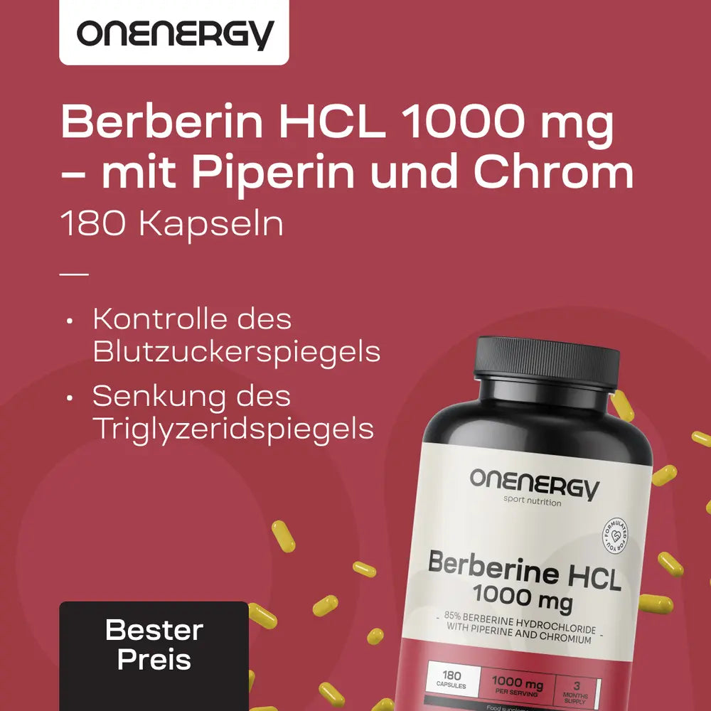 Onenergy | Berberin HCL 1000 mg - mit Piperin und Chrom - 180 Kapseln