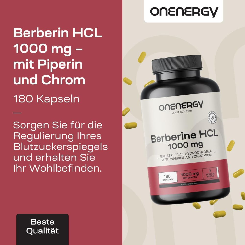 Onenergy | Berberin HCL 1000 mg - mit Piperin und Chrom - 180 Kapseln