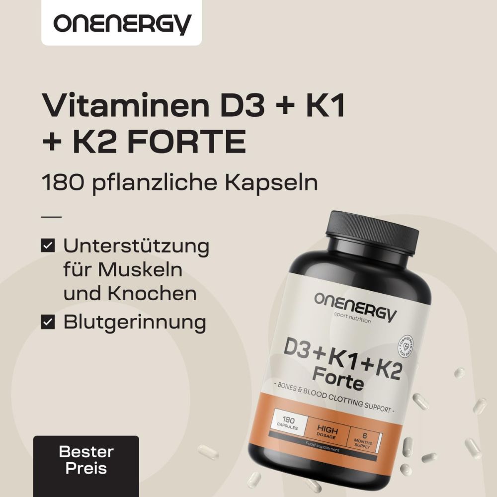 Onenergy | Vitamine D3 + K1 + K2 FORTE - 180 Kapseln