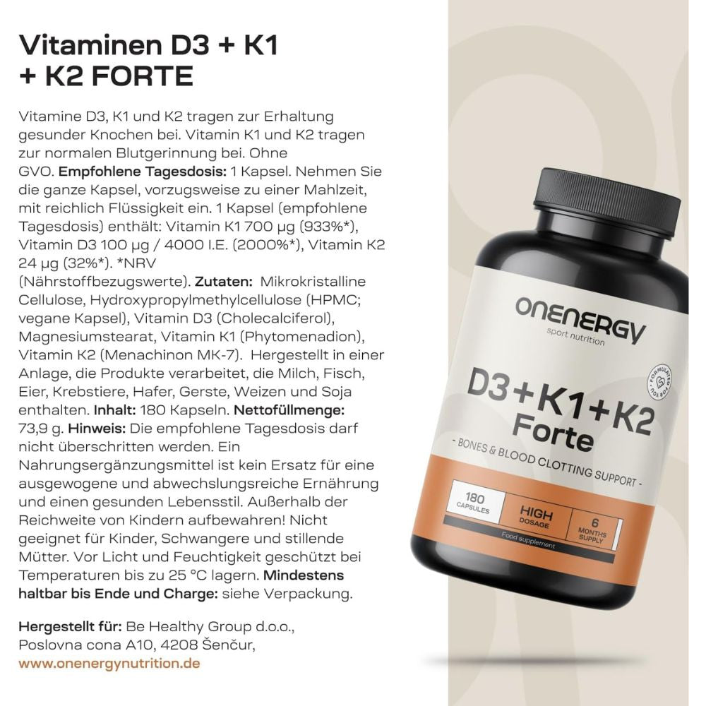 Onenergy | Vitamine D3 + K1 + K2 FORTE - 180 Kapseln
