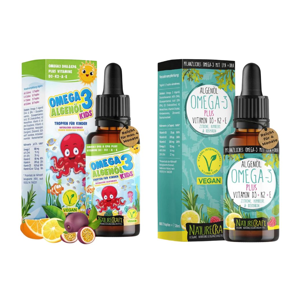 NatureCraft | Omega-3 Duo-Set – Algenöl Tropfen Kids + Vegan Algenöl Plus -2x20 ml