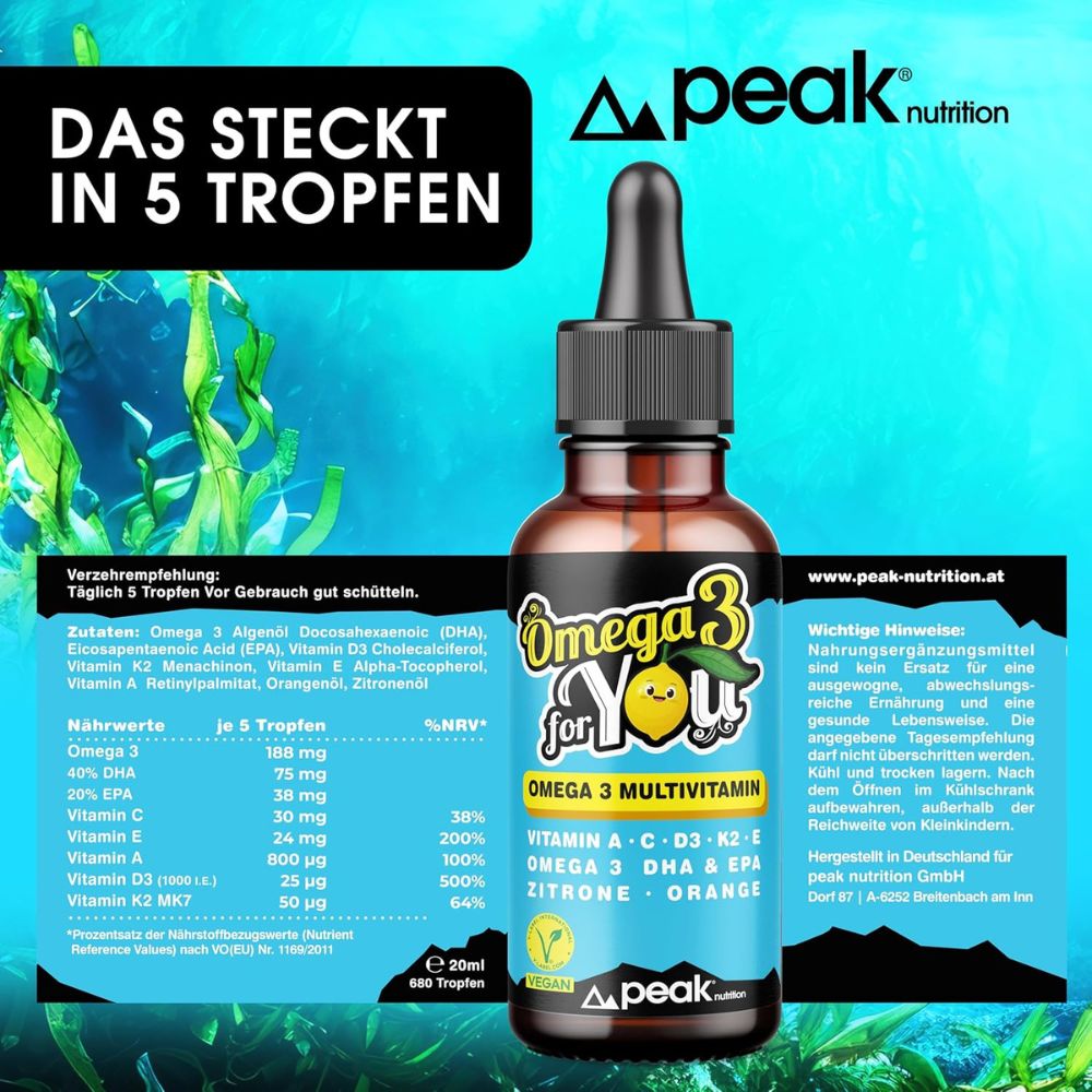 peak nutrition | Omega 3 for YOU - Multivitamin Tropfen für Erwachsene mit DHA + EPA - 20 ml