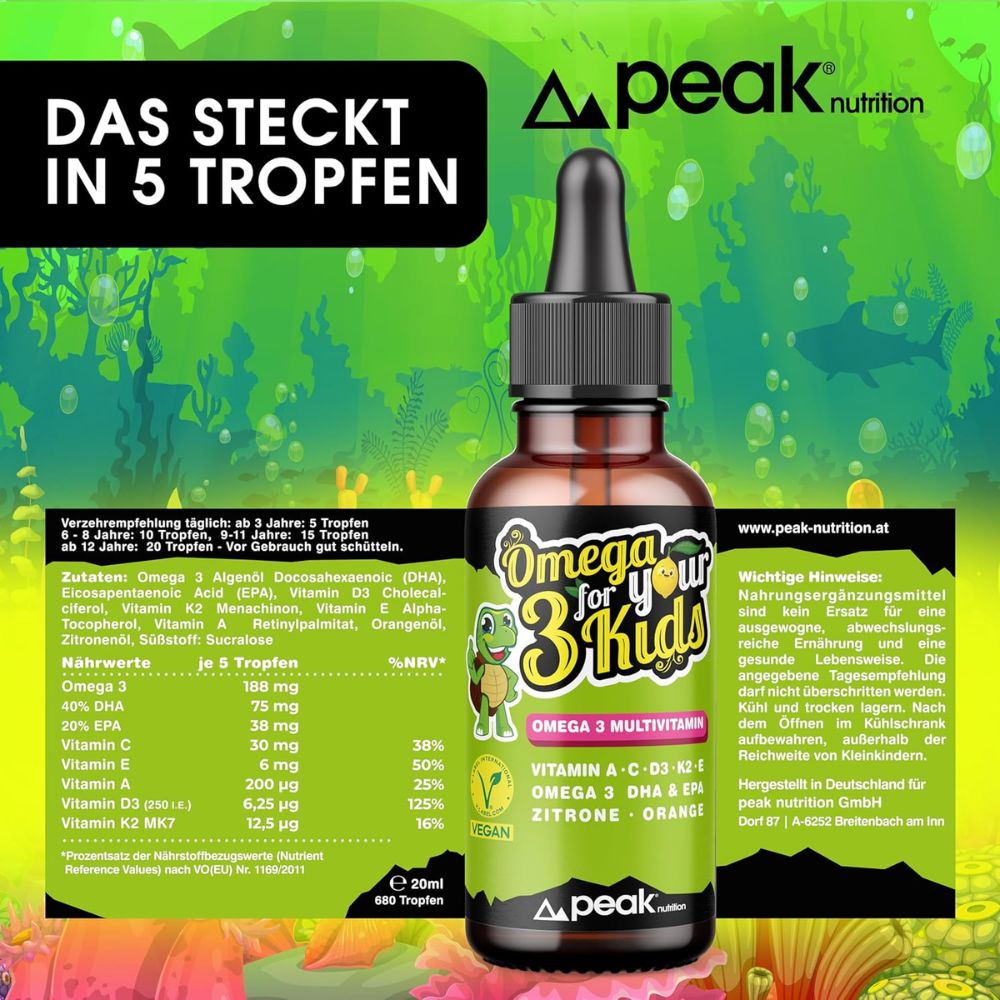 peak nutrition | Omega 3 for your Kids Multivitamin Tropfen für Kinder mit DHA + EPA - 20 ml