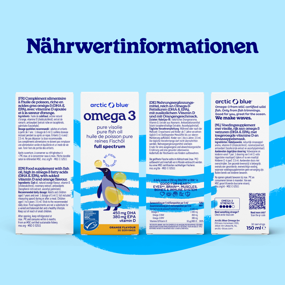 Arctic Blue | Omega 3 DHA- und EPA-Fischöl für Kinder mit Vitamin D3 - MSC (150 ml Flasche)