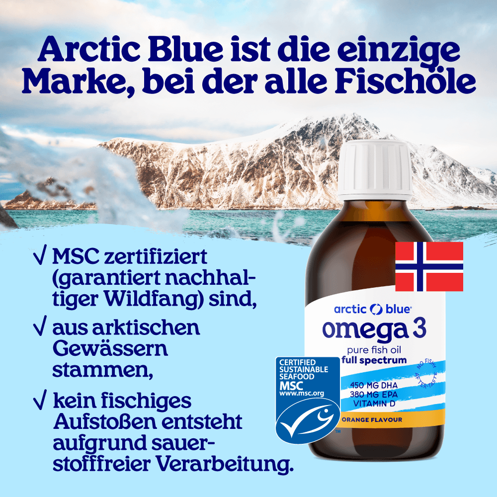 Arctic Blue | Omega 3 DHA- und EPA-Fischöl mit Vitamin D3 (Orangengeschmack) - MSC - 250 ml