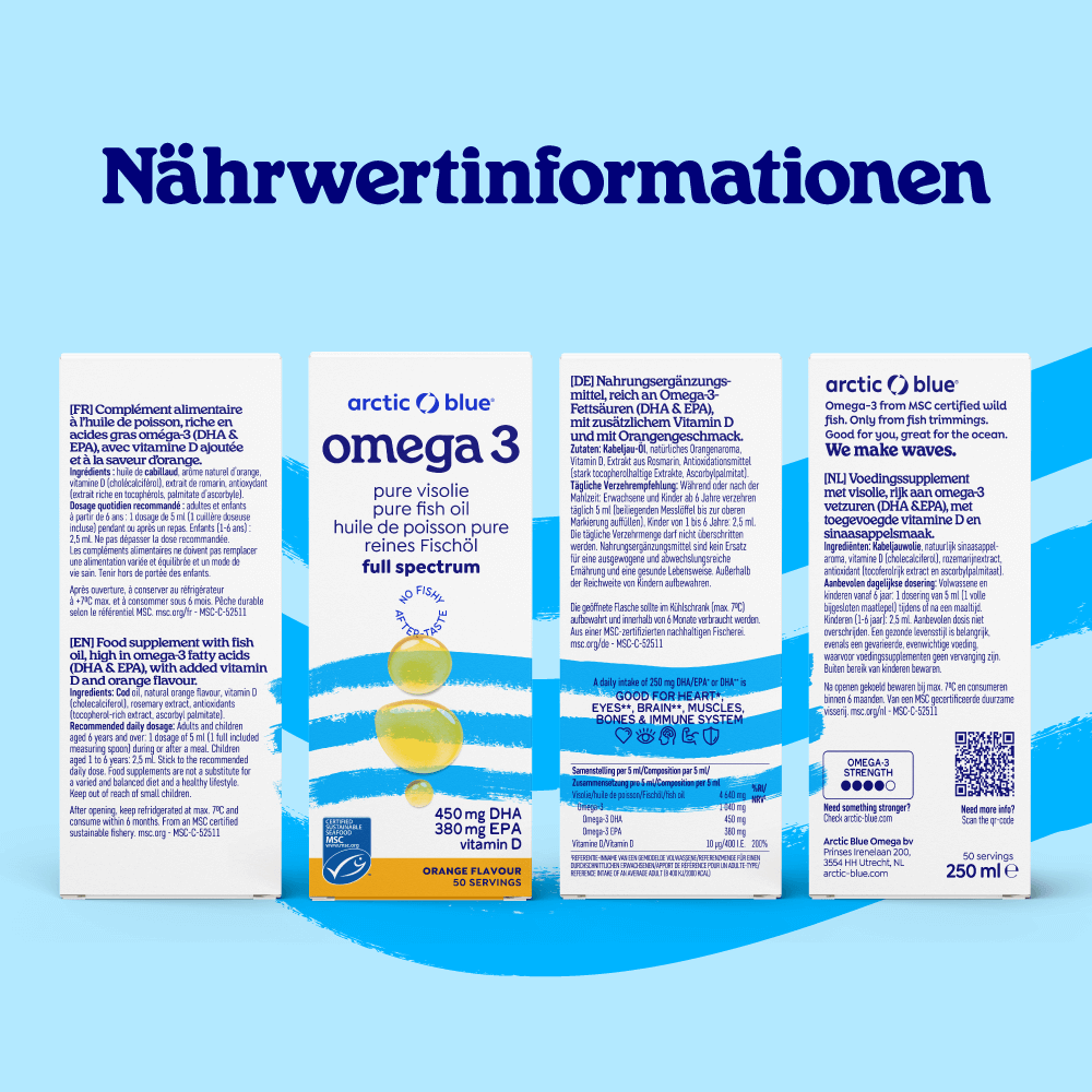 Arctic Blue | Omega 3 DHA- und EPA-Fischöl mit Vitamin D3 (Orangengeschmack) - MSC - 250 ml