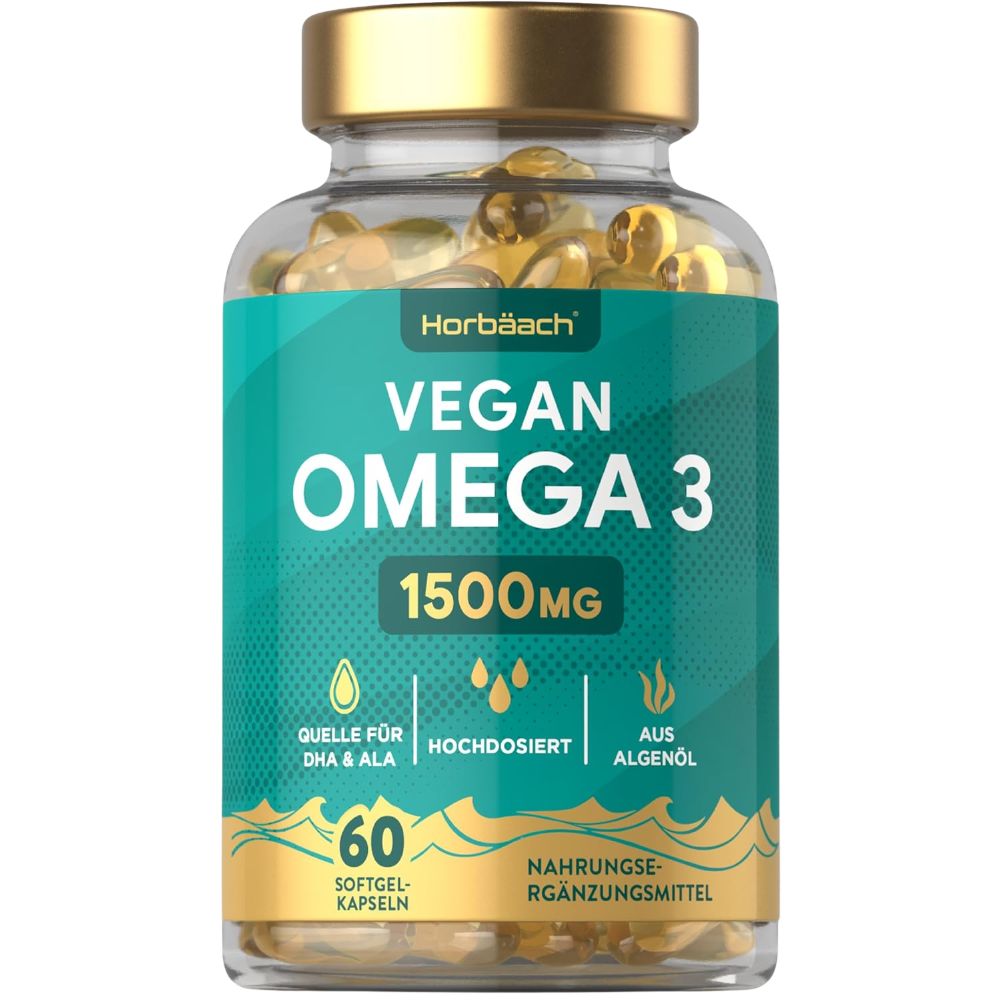 Horbaach | Omega 3 Vegan 1500mg aus Algenöl | 60 Kapseln mit Hochdosiert ALA und DHA pro Portion