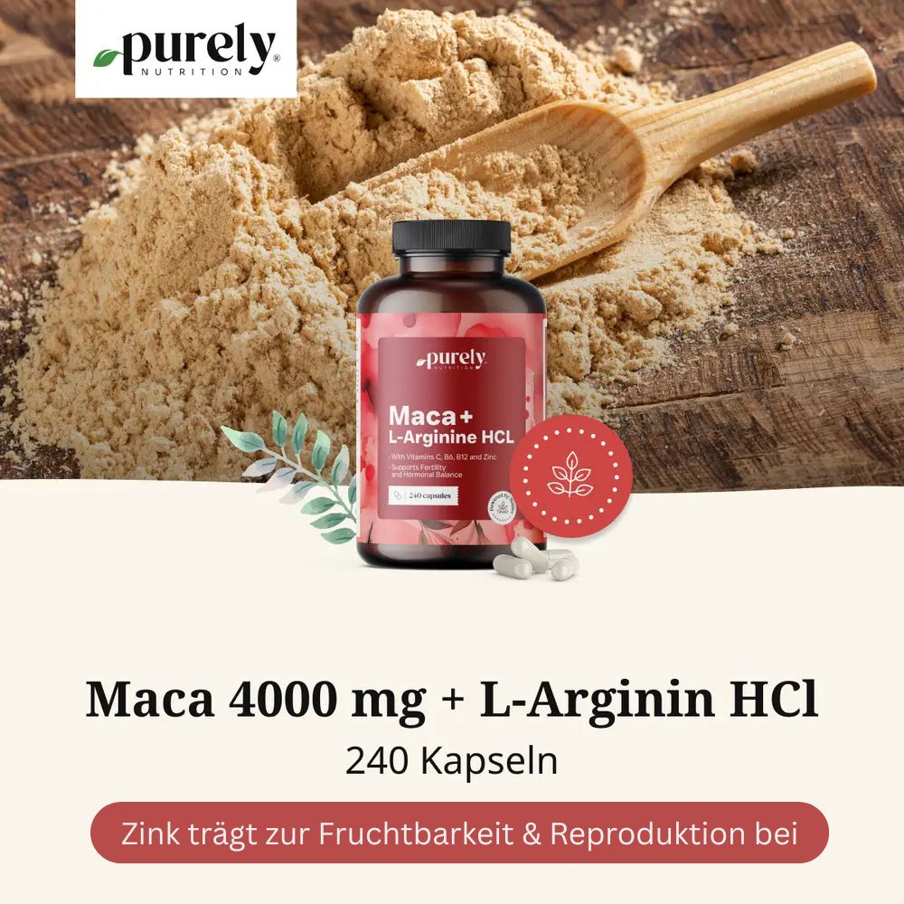 Purely | Maca 4000 mg + L-arginin HCl für Sexualität und Fruchtbarkeit - 240 Kapseln