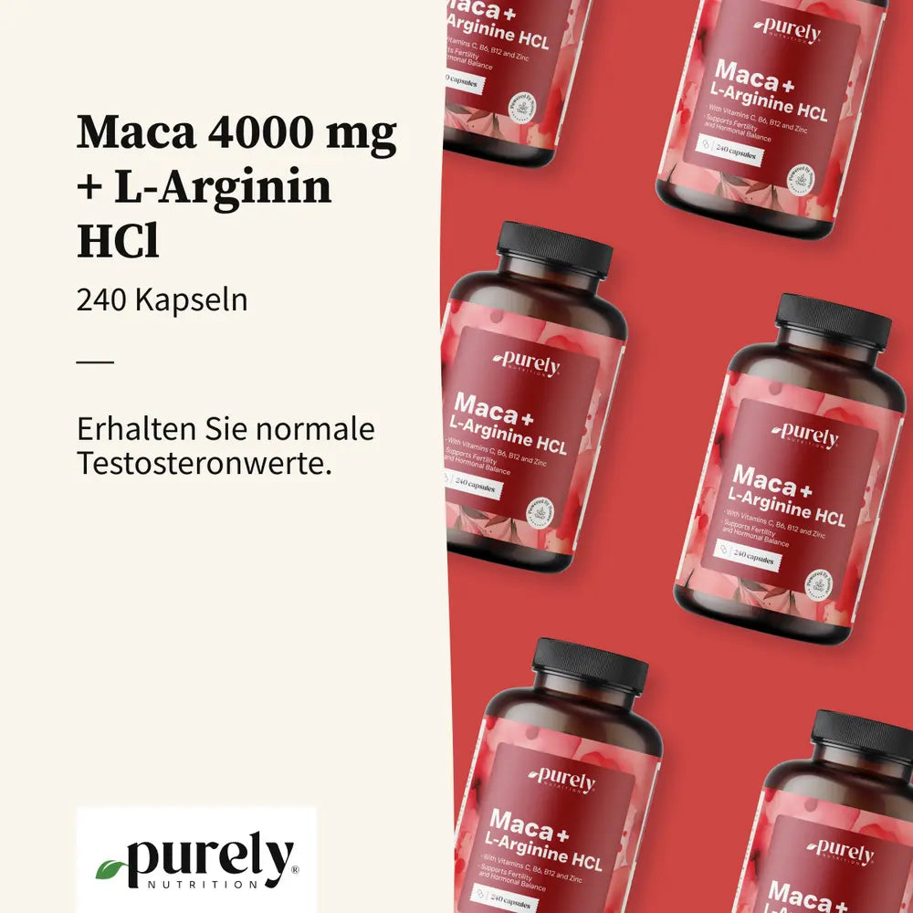 Purely | Maca 4000 mg + L-arginin HCl für Sexualität und Fruchtbarkeit - 240 Kapseln