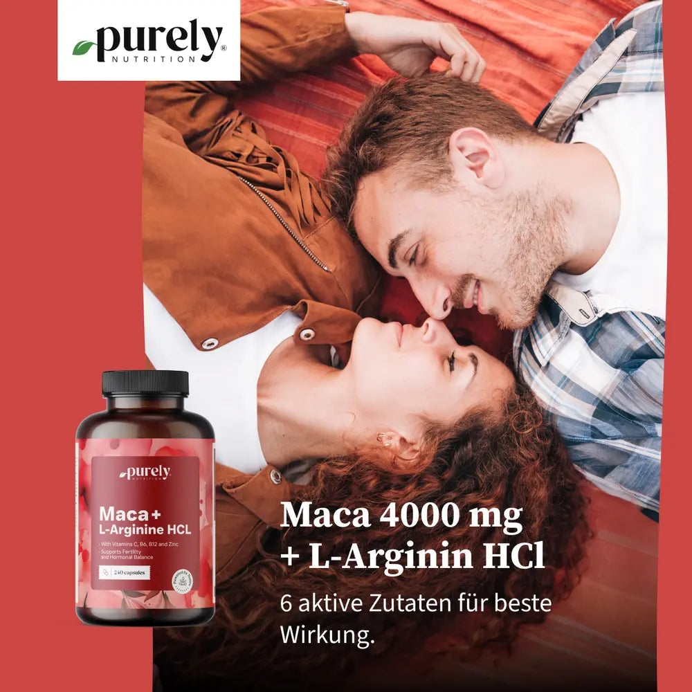 Purely | Maca 4000 mg + L-arginin HCl für Sexualität und Fruchtbarkeit - 240 Kapseln
