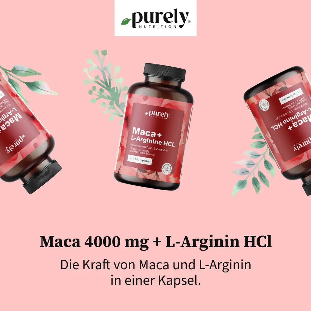 Purely | Maca 4000 mg + L-arginin HCl für Sexualität und Fruchtbarkeit - 240 Kapseln