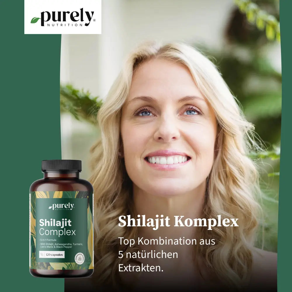 Purely | Shilajit Komplex mit Ashwagandha, Kurkuma und Löwenmähne - 120 Kapseln