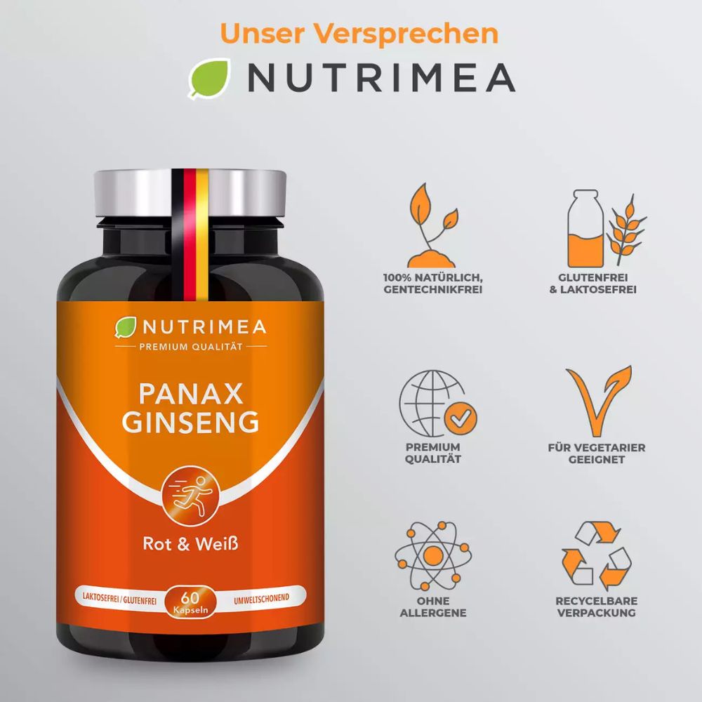 Nutrimea | Panax Ginseng – Roter & Weißer Ginseng – 400 mg Extrakt – 60 Kapseln