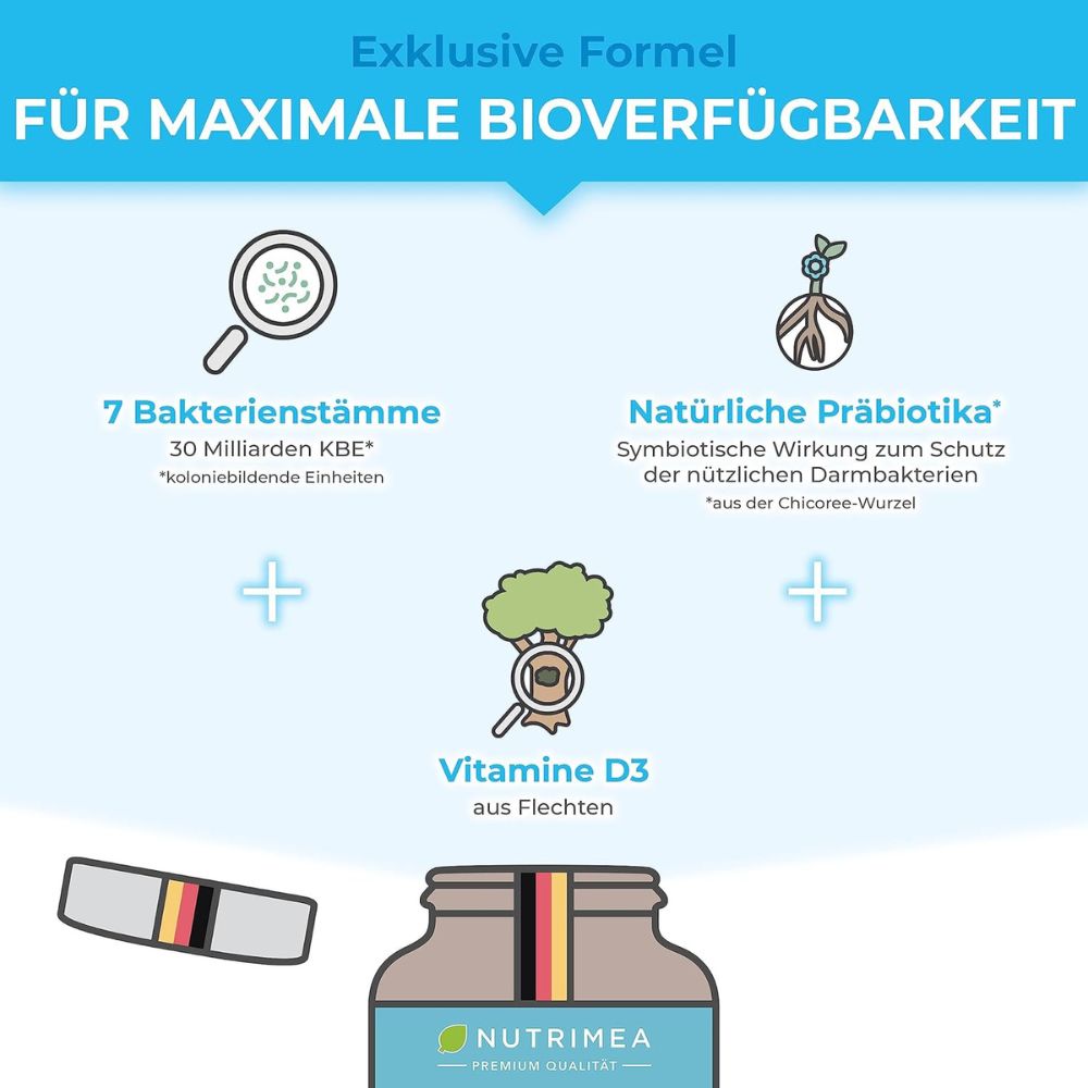 Nutrimea | Probioactif Kulturen-Komplex mit 7 Bakterienstämmen & Vitamin D – 60 Kapseln