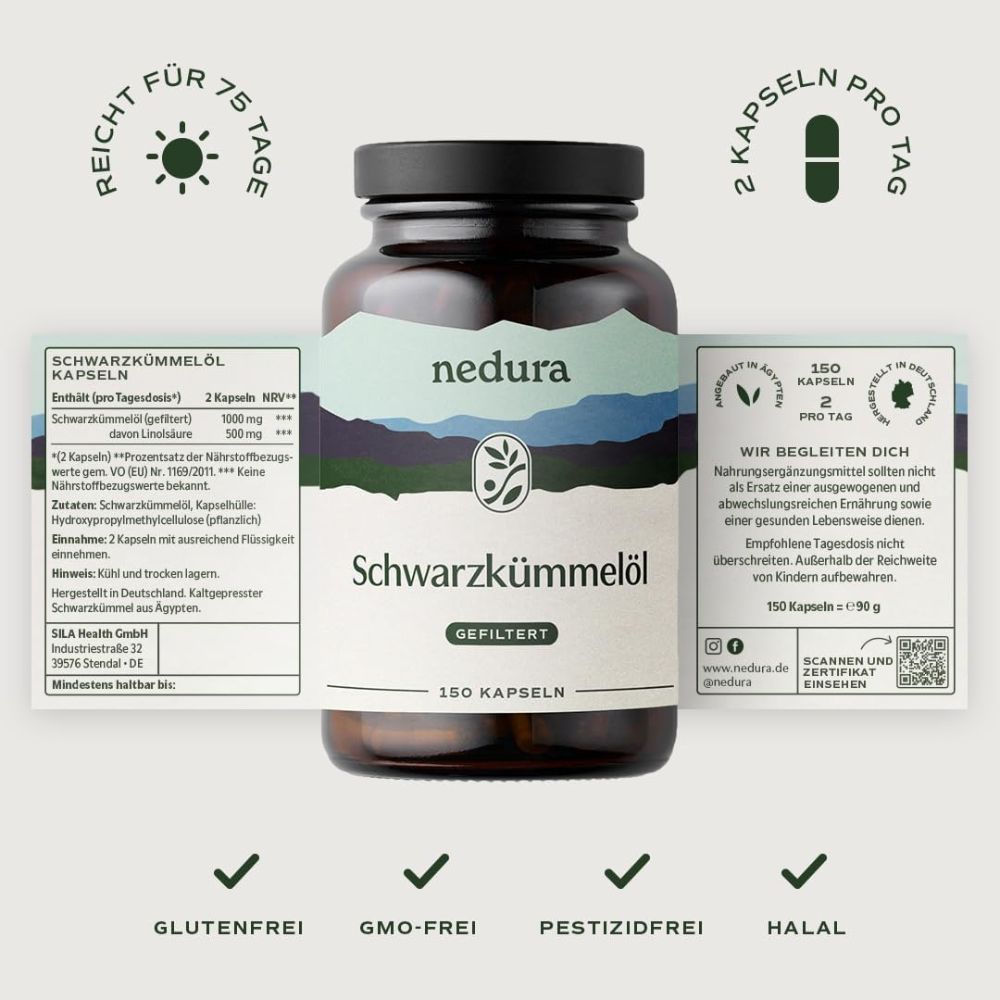 Nedura | Schwarzkümmelöl Kapseln (gefiltert) – 150 Stück