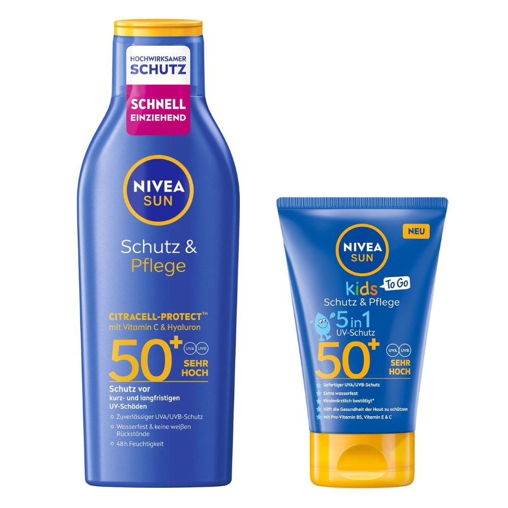 NIVEA SUN | Schutz & Pflege Family Set – Sonnenmilch LSF 50 200 ml + Kids 50 ml – AKTION