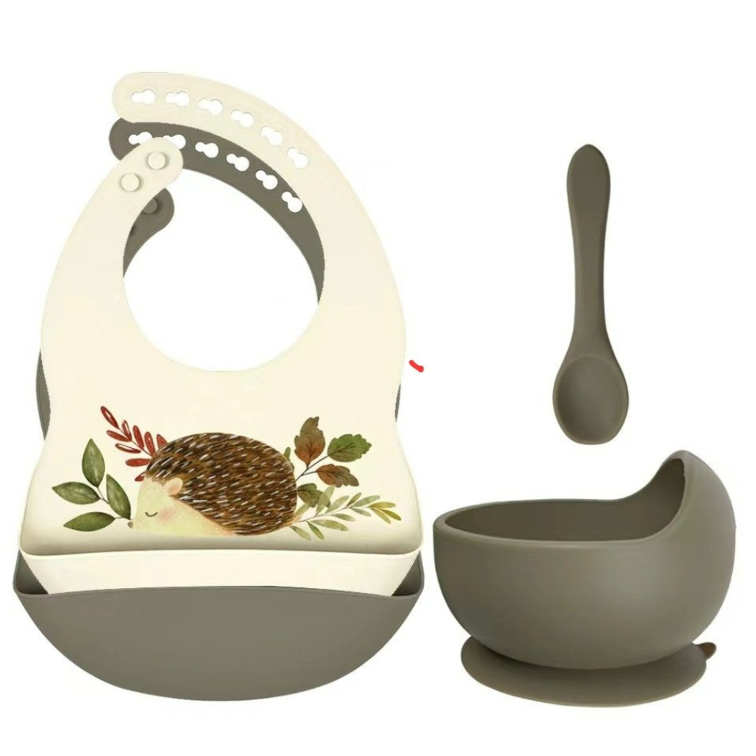 Rammelaartje Set aus Silikon-Lätzchen mit Schüssel mit Saugnapf und Löffel - Igel - Salbei