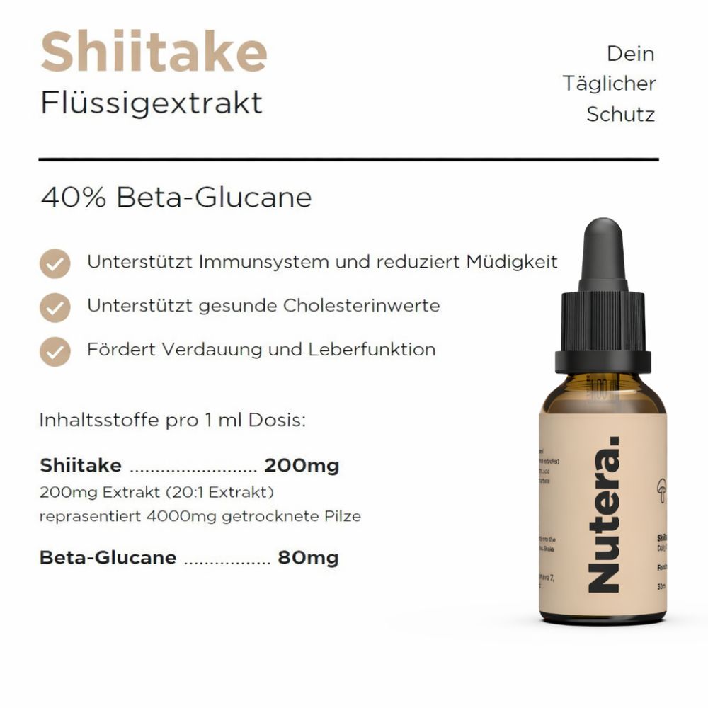 Nutera | Shiitake (Lentinula edodes) Flüssigextrakt 20:1 – 40 % Beta-Glucane – 30 ml