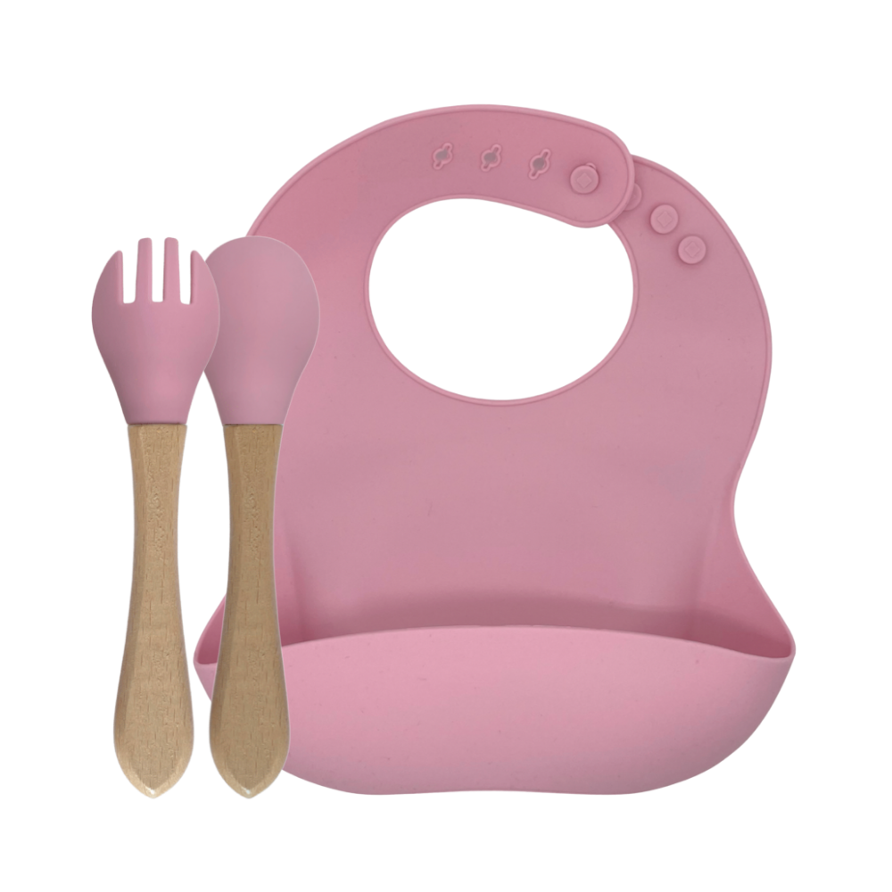 green-goose Silikon-Lätzchen und Bambusbesteck | Rosa