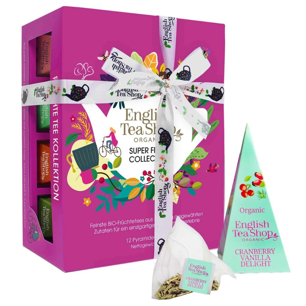 English Tea Shop | Teegeschenk "Super Fruit Tee Kollektion" mit Schleife - 12 Pyramiden-Beutel