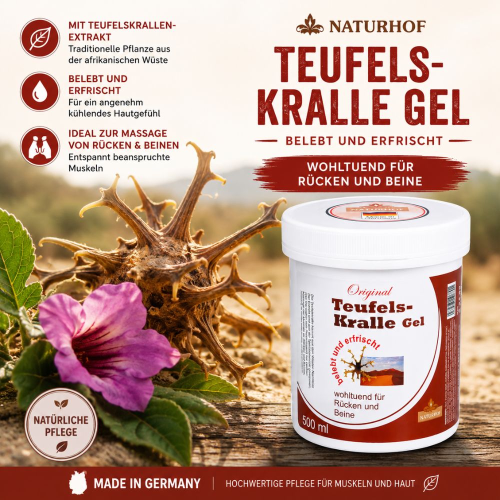Naturhof | Teufelskralle Gel - Kühlendes Massagegel für Muskeln, Rücken und Beine - 500ml