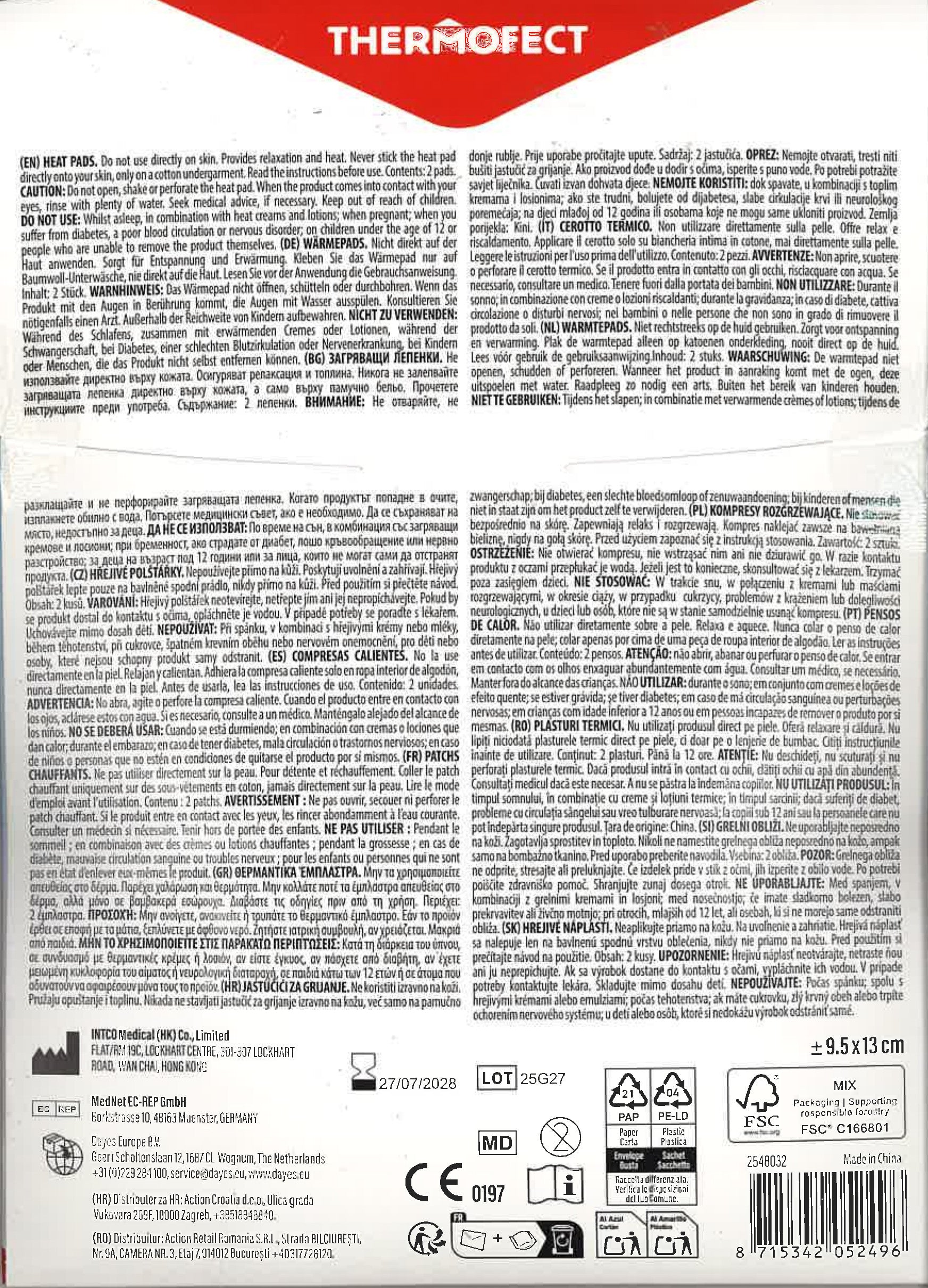 Thermofect | Wärmepflaster für Muskelverspannungen oder Krämpfen - 9,5 x 13 cm - 2 Stück- RÜCKEN