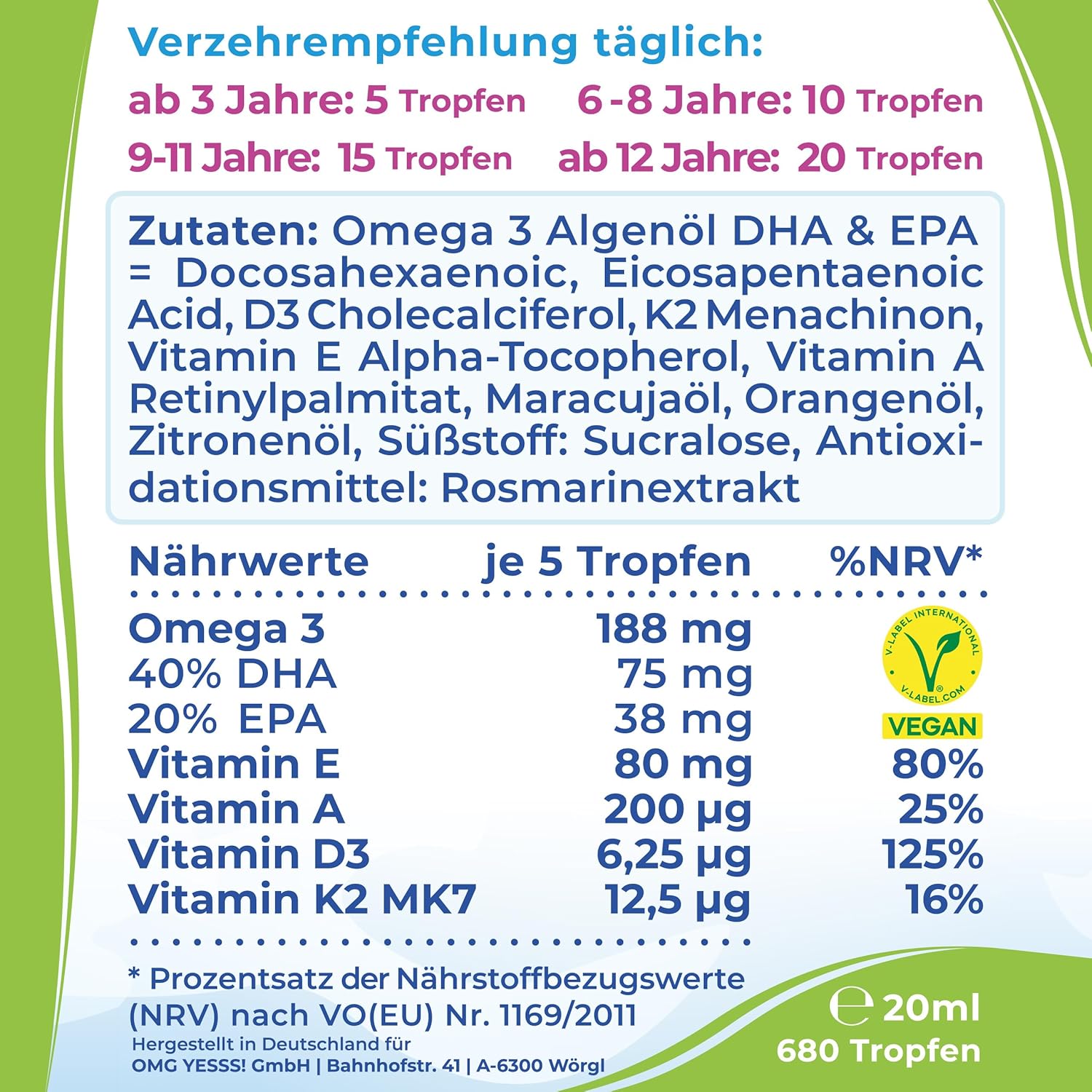 NatureCraft | Vegan Algenöl Omega 3 Tropfen KIDS - 20ml KIDS