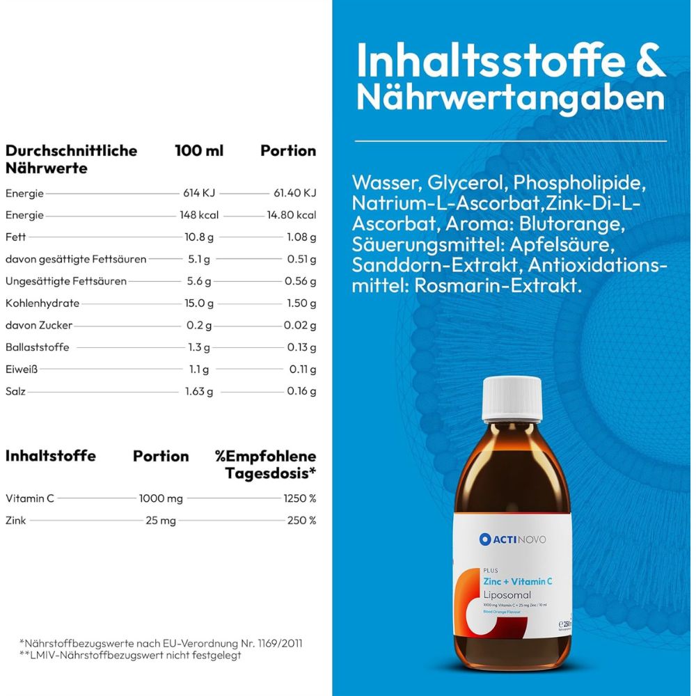 ActiNovo | Zink + Vitamin C Liposomal mit Blutorangengeschmack - 250ml