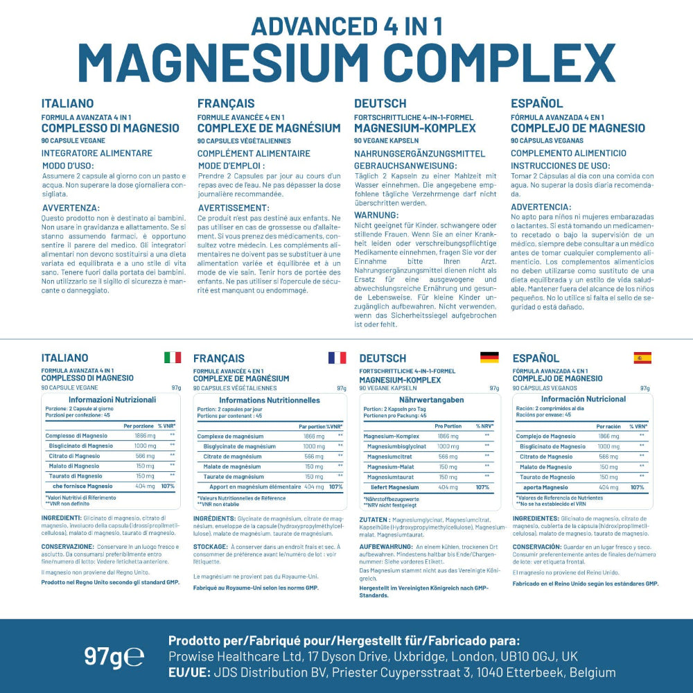 Prowise Healthcare | Magnesiumglycinat-Komplex 4 in 1 - 1866 mg - 90 vegane Kapseln