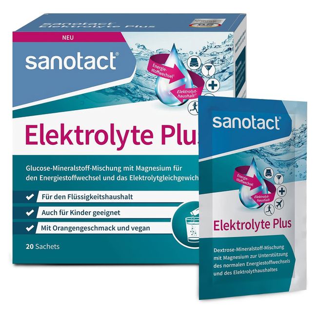sanotact Elektrolyte Plus (20 Beutel) • Elektrolyt Pulver für Flüssigkeitshaushalt • Kalium & Magnesium für Elektrolytgleichgewicht • 100% Vegan • Recovery Drink • Mit Orangengeschmack