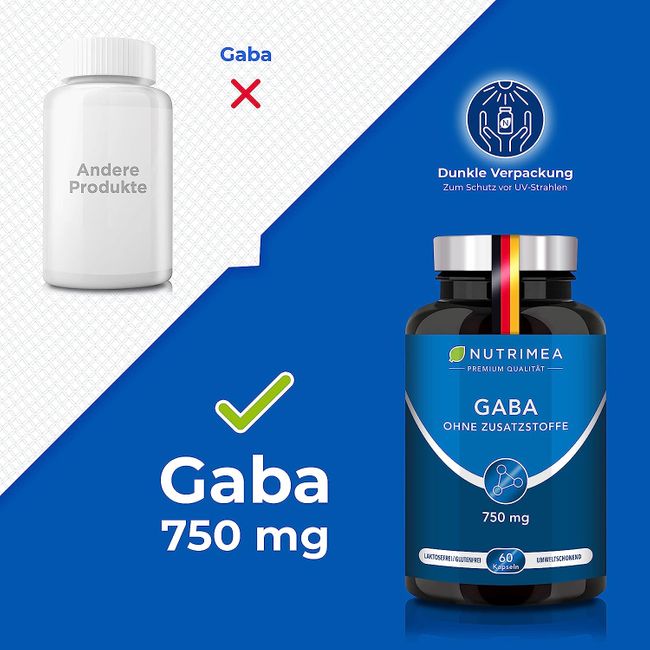 Nutrimea | GABA Pur 750mg | Reine Pulver Kapseln Hochdosiert | OHNE Zusätze & Vegan