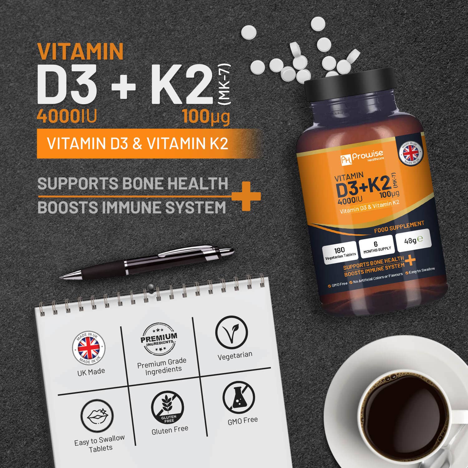 Prowise Healthcare | Vitamin D3 4000 IE & K2 MK7 100 µg - 180 Vegetarische Tabletten