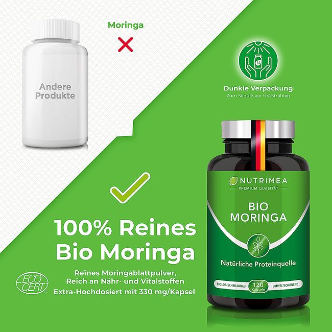 MORINGA Oleifera Kapseln | BIO Zertifiziert OHNE Zusätze | In Deutschland hergestellt | Energy Tabs im 4 Monatsvorrat | SUPERFOOD 100% VEGAN